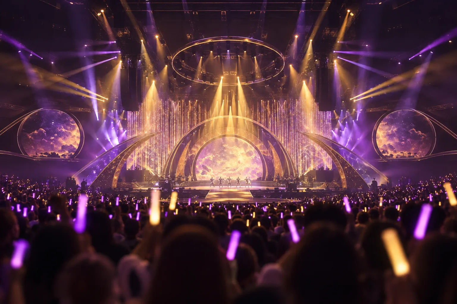 เวทีคอนเสิร์ตแสงไฟสีม่วงและทองท่ามกลางผู้ชมที่ยกไฟโบกในความมืด
