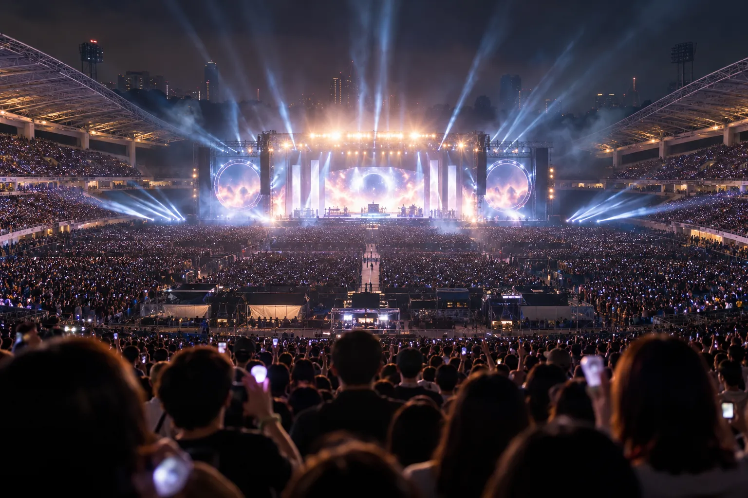 บรรยากาศคอนเสิร์ตกลางสนามกีฬากลางแจ้งยามค่ำคืน ที่มีแสงไฟเวทีสาดส่องเหนือผู้ชมจำนวนมาก