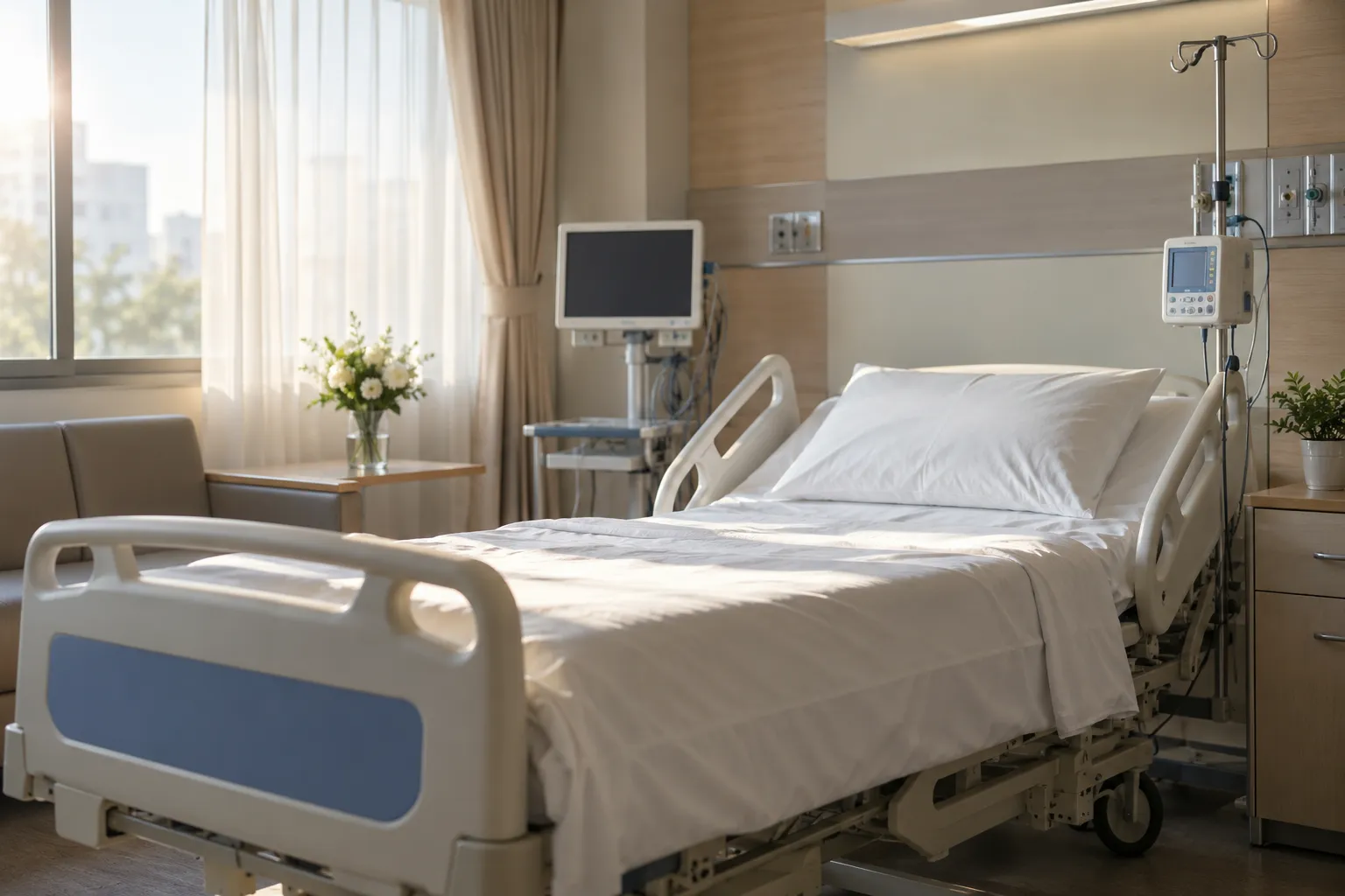 ห้องพักผู้ป่วยในโรงพยาบาลที่มีเตียงว่างและแสงเช้าอ่อนโยน