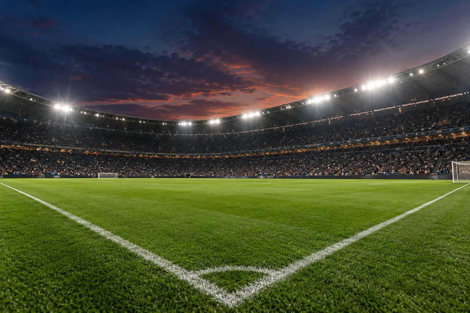 สนามฟุตบอลใต้ไฟสปอตไลต์ยามค่ำคืน บรรยากาศก่อนเกมพรีเมียร์ลีกคู่เอก