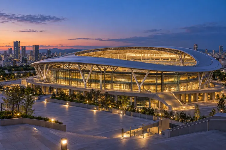 สนามกีฬาขนาดใหญ่ในเมืองนาโกย่าส่องแสงสว่างยามพลบค่ำ บรรยากาศพิธีเปิดการแข่งขันกีฬา
