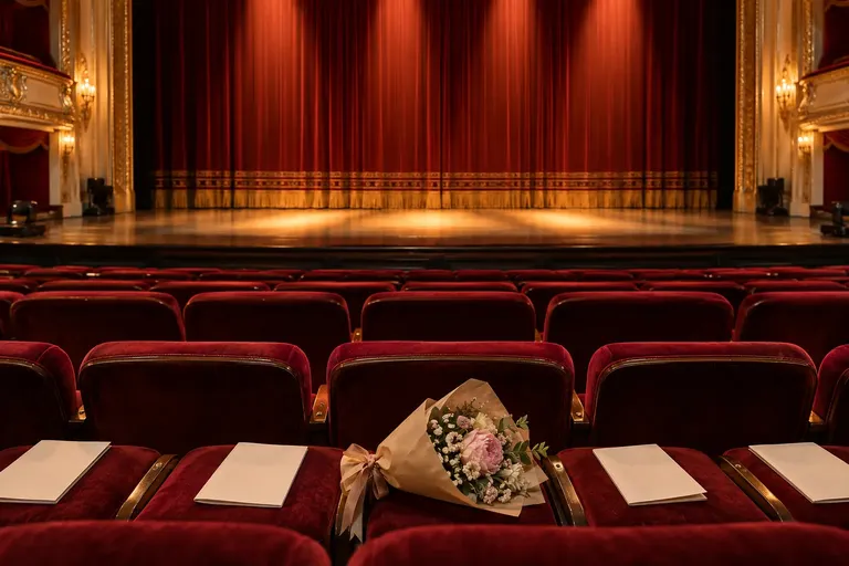เวทีละครเวทีแสงไฟอบอุ่นพร้อมม่านกำมะหยี่สีแดง สื่อถึงบรรยากาศวงการบันเทิง