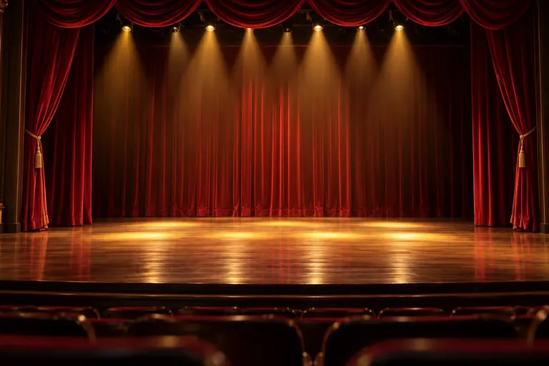 เวทีละครโรงละครพร้อมแสงไฟอบอุ่นและม่านกำมะหยี่สีแดง สื่อถึงบรรยากาศวงการบันเทิง