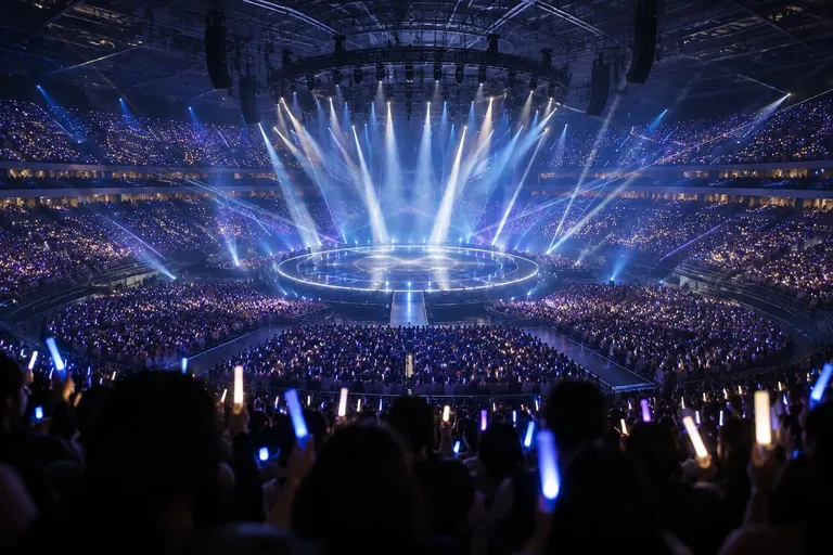 เวทีกลางรูปวงกลมท่ามกลางลำแสงไฟคอนเสิร์ตและแท่งไฟเรืองแสงของผู้ชมในอารีน่าขนาดใหญ่