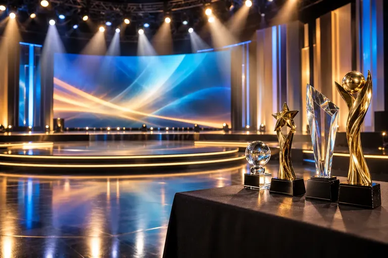เวทีรางวัลงานบันเทิงยามค่ำคืนพร้อมไฟส่องสว่างและรางวัลบนโต๊ะ