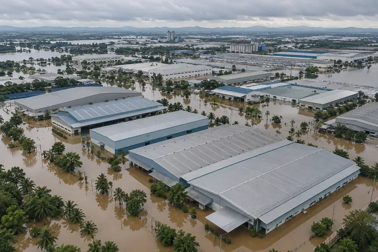 ภาพมุมสูงนิคมอุตสาหกรรมที่ถูกน้ำท่วมเป็นวงกว้าง หลังคาโรงงานโผล่พ้นผิวน้ำ
