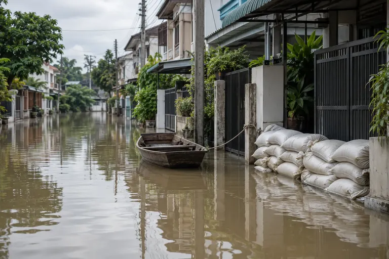 ถนนในย่านที่อยู่อาศัยถูกน้ำท่วมสูงระดับหน้าร้าน สะท้อนสถานการณ์น้ำท่วมที่ผู้ประสบภัยกำลังรอเงินเยียวยา