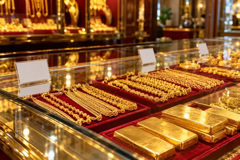 เคาน์เตอร์ร้านทองที่มีทองคำแท่งและสร้อยคอทองคำวางเรียงในตู้กระจก