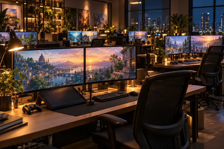 สตูดิโอพัฒนาวิดีโอเกมยามค่ำคืน จอคอมพิวเตอร์แสดงฉากเมืองในเกมโลกเปิด