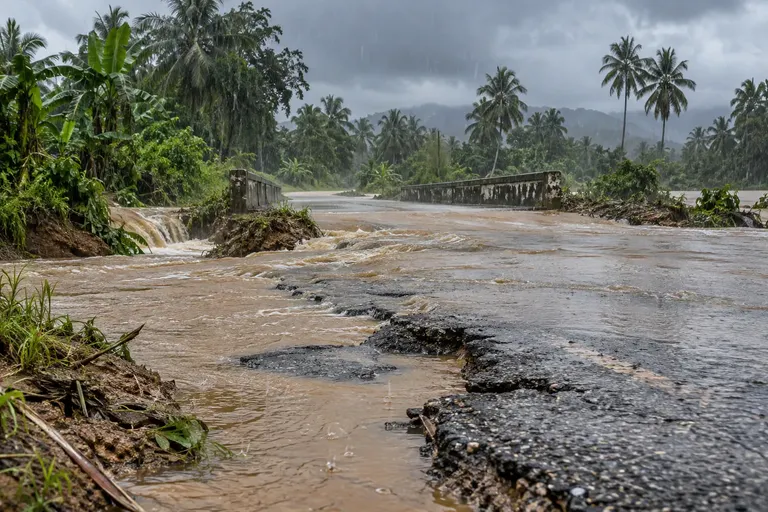 ถนนชนบทภาคใต้ถูกน้ำท่วมและฝนตกหนักภายใต้ท้องฟ้ามืดครึ้ม