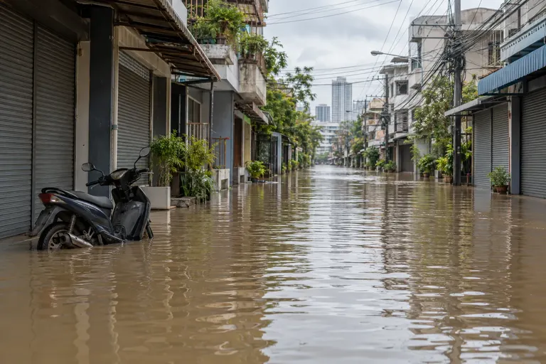 ถนนในย่านเมืองถูกน้ำท่วม ร้านค้าปิดบาน สะท้อนผลกระทบของอุทกภัยต่อการประกอบอาชีพและเศรษฐกิจ