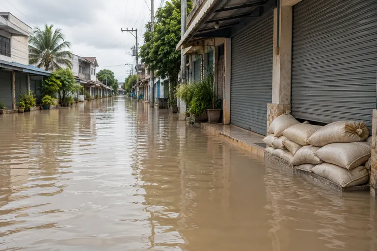 ถนนหน้าร้านค้าถูกน้ำท่วมสูง มีกระสอบทรายกั้นหน้าร้าน ท่ามกลางสถานการณ์อุทกภัย