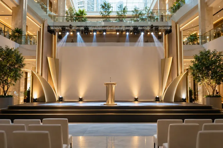เวทีงานอวอร์ดในห้องโถงศูนย์การค้า พร้อมไฟส่องสว่างและบรรยากาศงานประกาศรางวัล