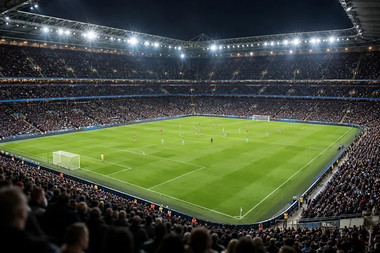 บรรยากาศสนามฟุตบอลพรีเมียร์ลีกยามค่ำคืน ใต้ไฟสปอตไลต์ ก่อนเกมการแข่งขันเริ่มต้น