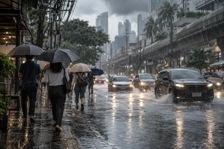ฝนตกหนักบนถนนในกรุงเทพฯ ท่ามกลางเมฆครึ้ม ผู้คนกางร่มเดินข้ามถนนเปียกปรอย