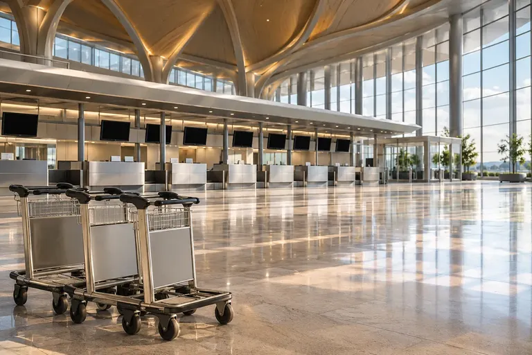 บรรยากาศห้องโถงผู้โดยสารและเคาน์เตอร์เช็กอินท่าอากาศยานในแสงบ่าย