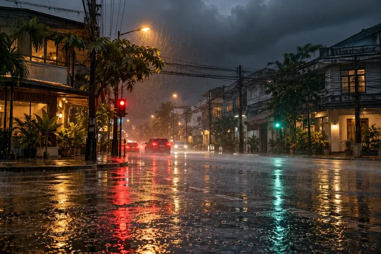 ฝนตกหนักกระหน่ำถนนในเมืองช่วงเย็น ใต้เมฆมืดก่อนฝนถล่มต่อเนื่อง 8 วัน