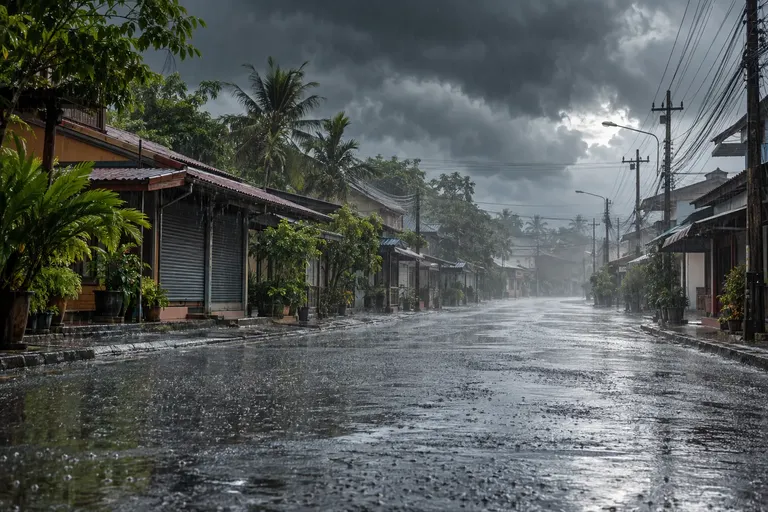 ท้องฟ้าครึ้มและฝนตกหนักเหนือย่านเมืองจังหวัดของไทย ถนนเปียกฝนเต็มไปด้วยแอ่งน้ำ