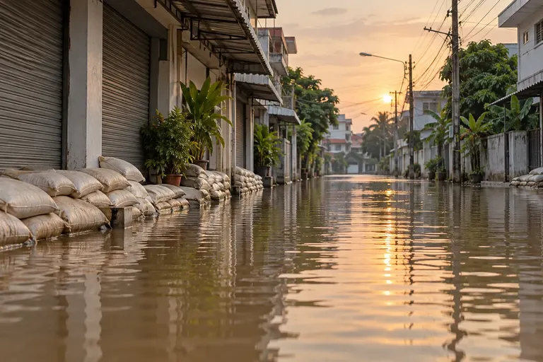 ถนนย่านชานเมืองกรุงเทพฯ ยามเช้าที่ยังมีน้ำท่วมขังและกระสอบทรายกั้นริมทาง