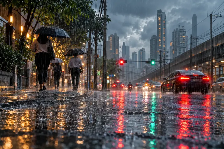 ฝนตกหนักตกลงมาบนถนนในกรุงเทพฯ ท่ามกลางเมฆฝนสีเข้ม ผู้คนกางร่มเดินทางกลางสายฝน