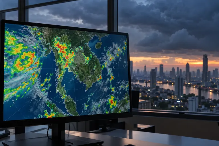 จอเรดาร์พยากรณ์อากาศแสดงพื้นที่ฝนตกหนักเหนือแผนที่ประเทศไทย