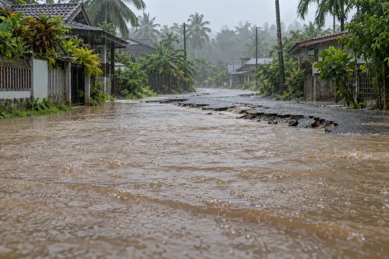 ถนนในพื้นที่ภาคใต้ถูกน้ำท่วมและฝนตกลงมาต่อเนื่อง