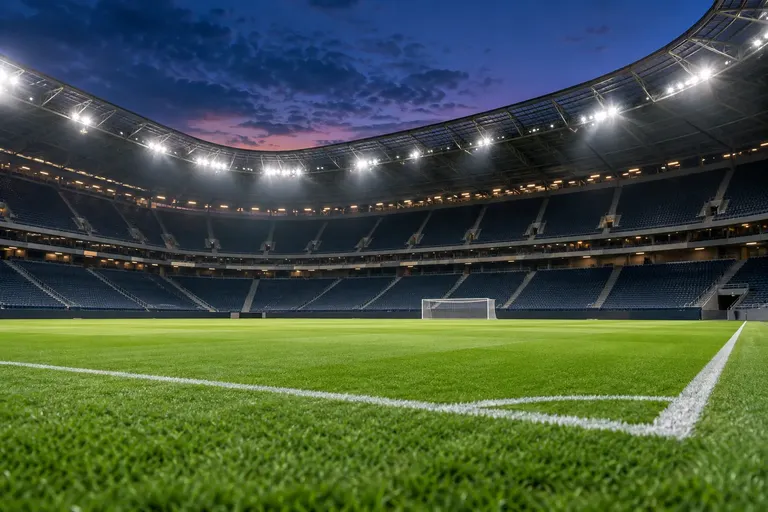 สนามฟุตบอลยามค่ำคืนที่ถูกส่องด้วยไฟฟลัดไลท์ สื่อถึงบรรยากาศศึกพรีเมียร์ลีก