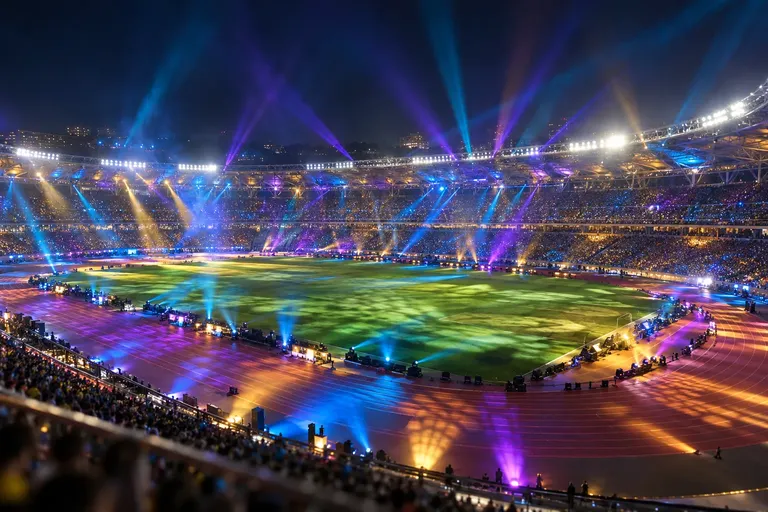 สนามกีฬาขนาดใหญ่แสงไฟสีสันสว่างไสวระหว่างพิธีเปิดการแข่งขันกีฬาในยามค่ำคืน