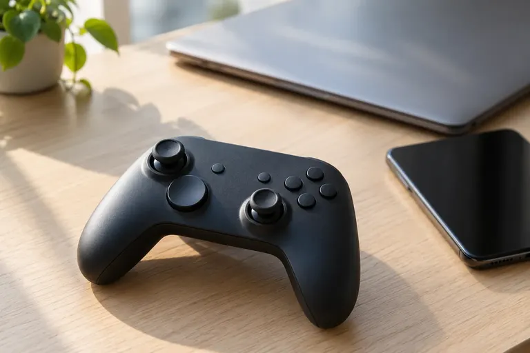 จอยเกมไร้สายขนาดกะทัดรัดวางบนโต๊ะทำงานเคียงแล็ปท็อปและสมาร์ทโฟนในแสงเช้า
