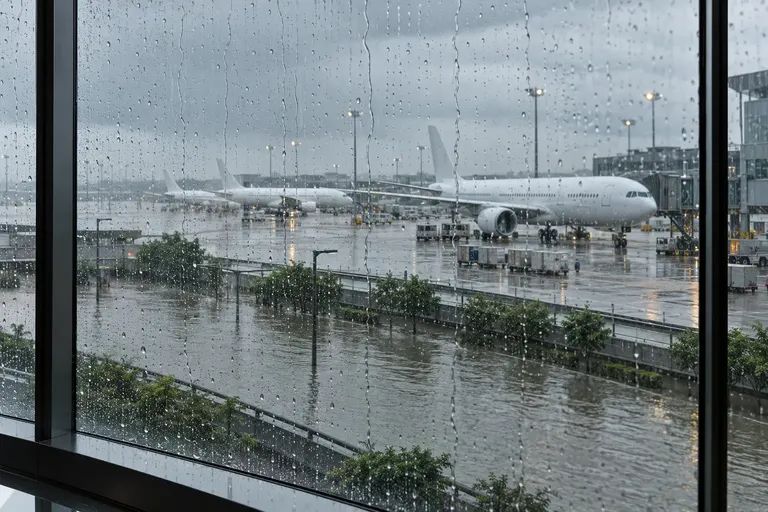 สนามบินในวันที่ฝนตกหนัก มองเห็นเครื่องบินจอดบนลานเปียกฝนและน้ำท่วมบริเวณภายนอก