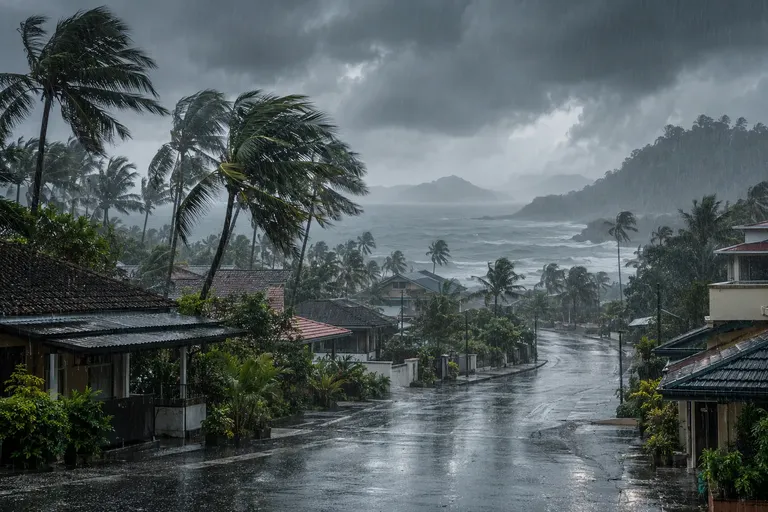 เมฆฝนครามครึ้งและฝนตกลงมาบนถนนเมืองชายทะเลไทย สะท้อนสภาพอากาศฝนตกหนักตามการเตือนของกรมอุตุนิยมวิทยา