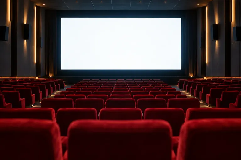โรงภาพยนตร์ที่มีเก้าอี้แดงเรียงแถวตรงหน้าจอขนาดใหญ่ในบรรยากาศแสงสลัว