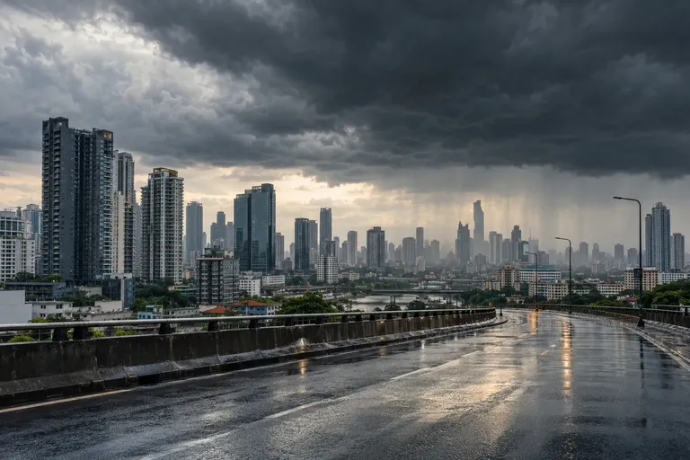 เมฆฝนกรมท่าก่อตัวหนาแน่นเหนือตัวเมืองกรุงเทพฯ ในช่วงฤดูฝน